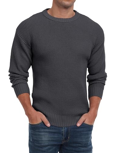 QIXING Herren Rundhals Pullover Waffel Langarm Pulli Klassischer Strickpullover mit Waffelmuster Regular Fit Winter Pullover(Dunkelgrau, S) von QIXING