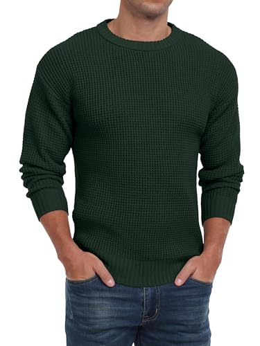 QIXING Herren Rundhals Pullover Waffel Langarm Pulli Klassischer Strickpullover mit Waffelmuster Regular Fit Winter Pullover(Dunkelgrün, S) von QIXING