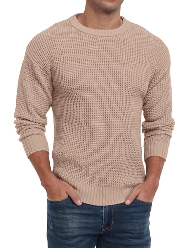 QIXING Herren Rundhals Pullover Waffel Langarm Pulli Klassischer Strickpullover mit Waffelmuster Regular Fit Winter Pullover(Khaki, L) von QIXING