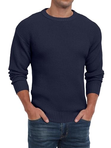 QIXING Herren Rundhals Pullover Waffel Langarm Pulli Klassischer Strickpullover mit Waffelmuster Regular Fit Winter Pullover(Marineblau, L) von QIXING