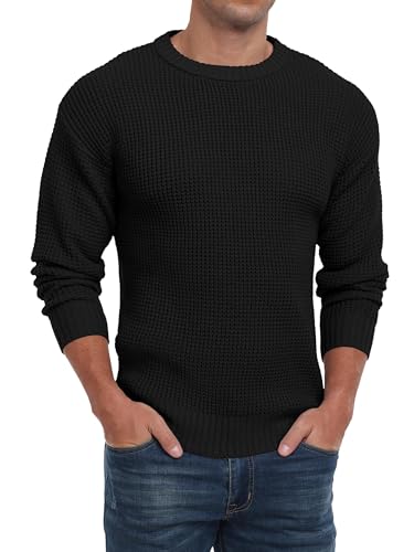 QIXING Herren Rundhals Pullover Waffel Langarm Pulli Klassischer Strickpullover mit Waffelmuster Regular Fit Winter Pullover(Schwarz, M) von QIXING