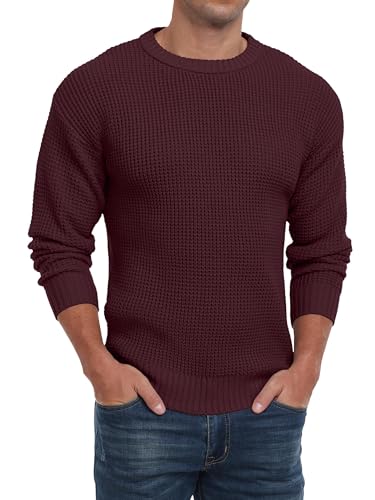 QIXING Herren Rundhals Pullover Waffel Langarm Pulli Klassischer Strickpullover mit Waffelmuster Regular Fit Winter Pullover(Weinrot, M) von QIXING