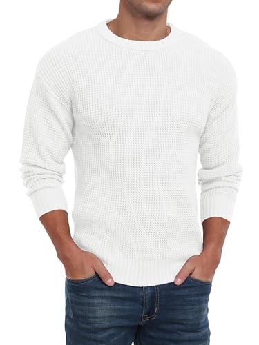 QIXING Herren Rundhals Pullover Waffel Langarm Pulli Klassischer Strickpullover mit Waffelmuster Regular Fit Winter Pullover(Weiß, XL) von QIXING