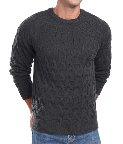 QIXING Herren Strickpullover Zopfmuster Rundhals Pullover Pulli Herren Casual Langarm Sweater mit Geripptem Saum(Dunkelgrau, M) von QIXING