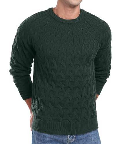 QIXING Herren Strickpullover Zopfmuster Rundhals Pullover Pulli Herren Casual Langarm Sweater mit Geripptem Saum(Dunkelgrün, L) von QIXING
