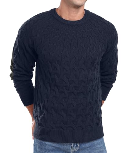 QIXING Herren Strickpullover Zopfmuster Rundhals Pullover Pulli Herren Casual Langarm Sweater mit Geripptem Saum(Marineblau, M) von QIXING