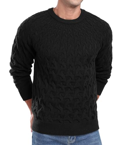 QIXING Herren Strickpullover Zopfmuster Rundhals Pullover Pulli Herren Casual Langarm Sweater mit Geripptem Saum(Schwarz, M) von QIXING