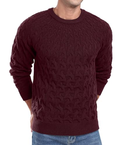 QIXING Herren Strickpullover Zopfmuster Rundhals Pullover Pulli Herren Casual Langarm Sweater mit Geripptem Saum(Weinrot, XXL) von QIXING