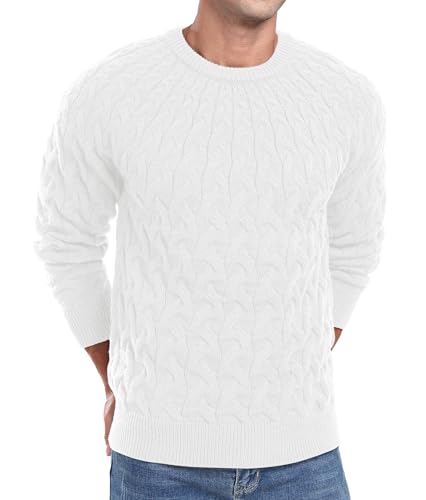 QIXING Herren Strickpullover Zopfmuster Rundhals Pullover Pulli Herren Casual Langarm Sweater mit Geripptem Saum(Weiß, M) von QIXING