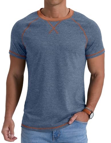QIXING Herren T-Shirt aus Baumwolle Kurzarm Rundhals Sommer T Shirt Leicht Regular Fit Atmungsaktiv Casual Oberteile(A04 VG Blau, M) von QIXING