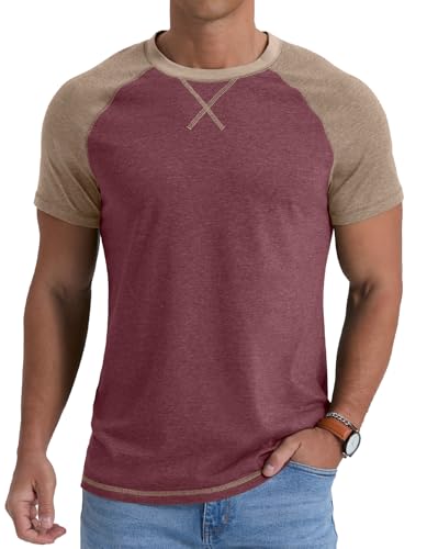 QIXING Herren T-Shirt aus Baumwolle Kurzarm Rundhals Sommer T Shirt Leicht Regular Fit Atmungsaktiv Casual Oberteile(B05 VG Rot, XXL) von QIXING
