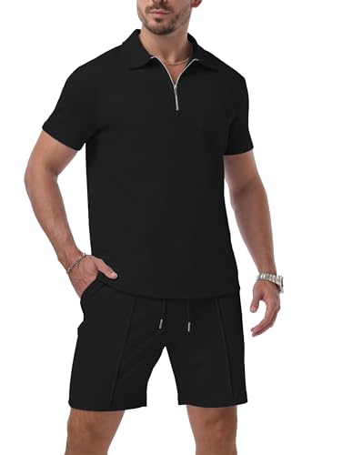QIXING Herren Trainingsanzug 2 Teiler Herren Sommer Shorts und Tshirt Set mit Half-Zip Polo Hemd Set Kurzarm Zweiteiler Herren Sommer Kurz(Schwarz, L) von QIXING