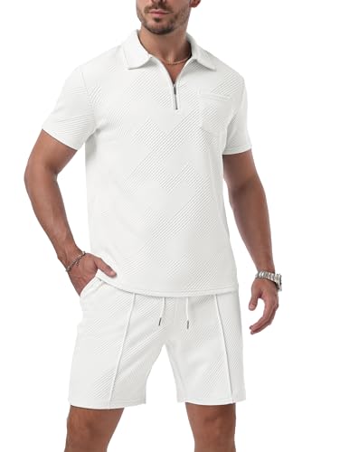 QIXING Herren Trainingsanzug 2 Teiler Herren Sommer Shorts und Tshirt Set mit Half-Zip Polo Hemd Set Kurzarm Zweiteiler Herren Sommer Kurz(Weiß, XXL) von QIXING