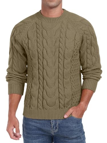 QIXING Herren Zopfmuster Pullover Rundhals Strickpullover Weicher Lässiger Langarm Strukturierter Strickpullover für Männer (Armee Grün, M) von QIXING