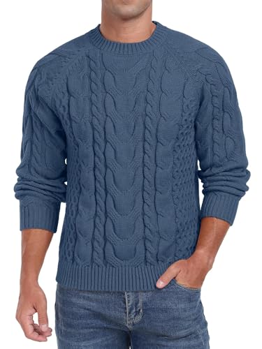 QIXING Herren Zopfmuster Pullover Rundhals Strickpullover Weicher Lässiger Langarm Strukturierter Strickpullover für Männer (Blau, M) von QIXING