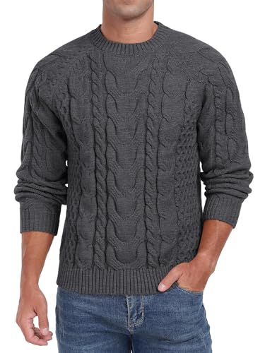 QIXING Herren Zopfmuster Pullover Rundhals Strickpullover Weicher Lässiger Langarm Strukturierter Strickpullover für Männer (Dunkelgrau, XL) von QIXING