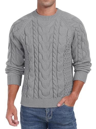 QIXING Herren Zopfmuster Pullover Rundhals Strickpullover Weicher Lässiger Langarm Strukturierter Strickpullover für Männer (Grau, S) von QIXING