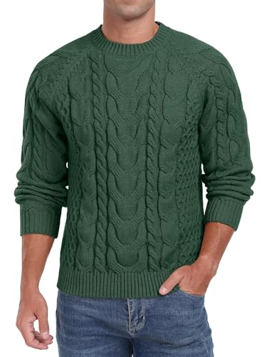 QIXING Herren Zopfmuster Pullover Rundhals Strickpullover Weicher Lässiger Langarm Strukturierter Strickpullover für Männer (Grün, XXL) von QIXING