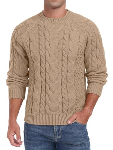 QIXING Herren Zopfmuster Pullover Rundhals Strickpullover Weicher Lässiger Langarm Strukturierter Strickpullover für Männer (Khaki, M) von QIXING