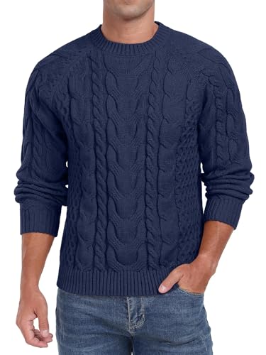 QIXING Herren Zopfmuster Pullover Rundhals Strickpullover Weicher Lässiger Langarm Strukturierter Strickpullover für Männer (Marineblau, M) von QIXING