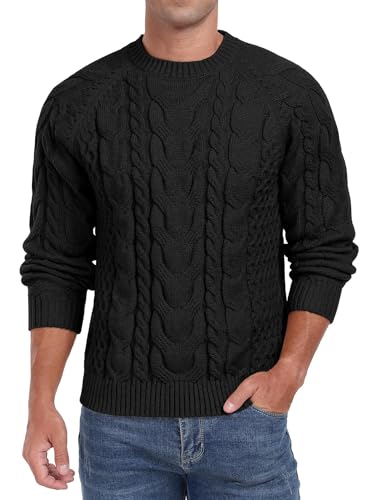 QIXING Herren Zopfmuster Pullover Rundhals Strickpullover Weicher Lässiger Langarm Strukturierter Strickpullover für Männer (Schwarz, L) von QIXING