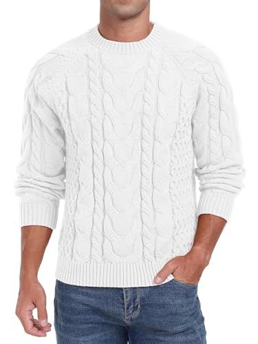 QIXING Herren Zopfmuster Pullover Rundhals Strickpullover Weicher Lässiger Langarm Strukturierter Strickpullover für Männer (Weiß, XL) von QIXING