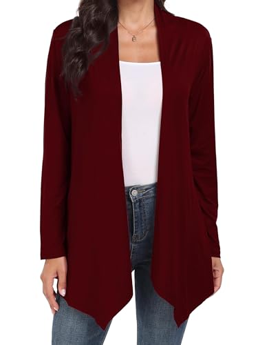 QIXING Leichte Strickjacke Damen Lang Dünne Jacke Damen Elegant Cardigan mit Taschen mit Weich Drapierten Rüschen (Weinrot, XL) von QIXING
