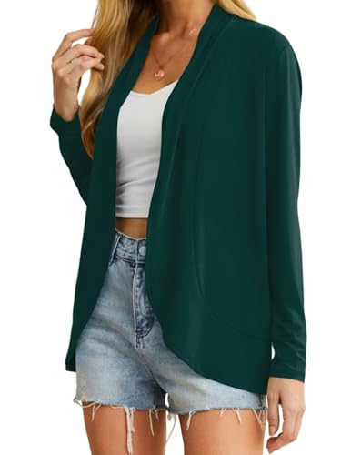 QIXING Leichte Strickjacken für Damen Sommer Elegant Dünne Kurze Strickjacke Lange Ärmel Open Front Cardigan Damen Frühling Herbst (Dunkelgrün, L) von QIXING