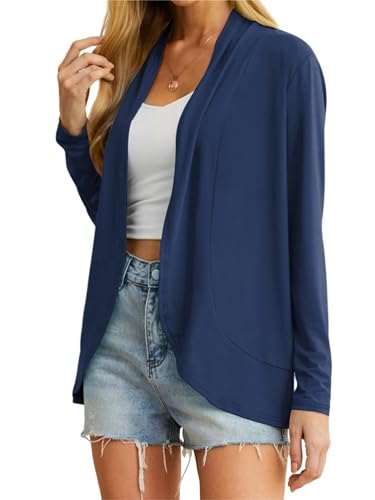 QIXING Leichte Strickjacken für Damen Sommer Elegant Dünne Kurze Strickjacke Lange Ärmel Open Front Cardigan Damen Frühling Herbst (Marineblau, L) von QIXING