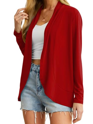 QIXING Leichte Strickjacken für Damen Sommer Elegant Dünne Kurze Strickjacke Lange Ärmel Open Front Cardigan Damen Frühling Herbst (Rot, L) von QIXING