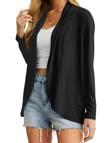 QIXING Leichte Strickjacken für Damen Sommer Elegant Dünne Kurze Strickjacke Lange Ärmel Open Front Cardigan Damen Frühling Herbst (Schwarz, M) von QIXING