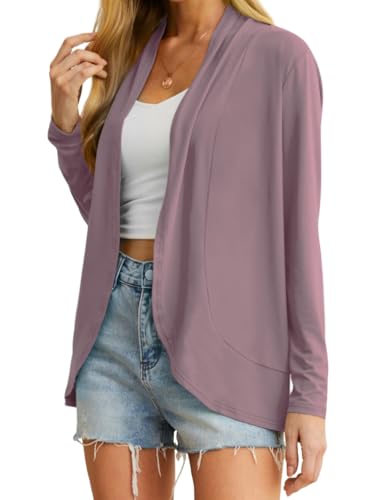 QIXING Leichte Strickjacken für Damen Sommer Elegant Dünne Kurze Strickjacke Lange Ärmel Open Front Cardigan Damen Frühling Herbst (Violett Rot, S) von QIXING