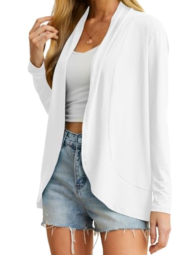 QIXING Leichte Strickjacken für Damen Sommer Elegant Dünne Kurze Strickjacke Lange Ärmel Open Front Cardigan Damen Frühling Herbst (Weiß, L) von QIXING