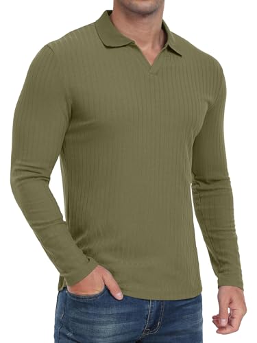 QIXING Poloshirt Herren Langarm V-Ausschnitt Slim Fit Strick Golf Shirt für Freizeit Büro Sport(Armeegrün, M) von QIXING