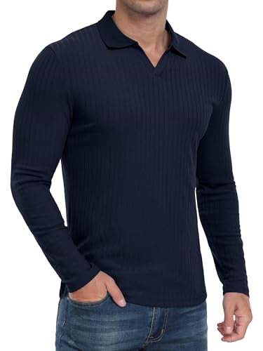 QIXING Poloshirt Herren Langarm V-Ausschnitt Slim Fit Strick Golf Shirt für Freizeit Büro Sport(Marineblau, L) von QIXING