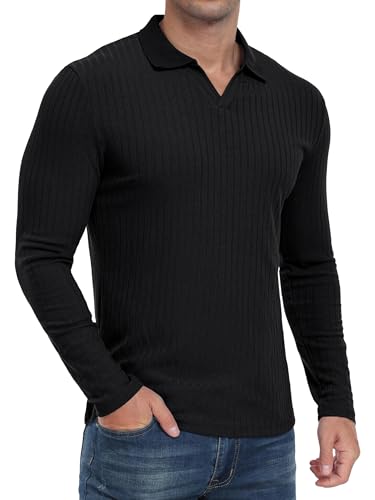 QIXING Poloshirt Herren Langarm V-Ausschnitt Slim Fit Strick Golf Shirt für Freizeit Büro Sport(Schwarz, S) von QIXING