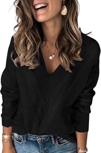 QIXING Pullover Damen V-Ausschnitt Langarm Strickpullover Damen V-Form Gestreiftes Pulli Damen (01 SchwarzXL) von QIXING