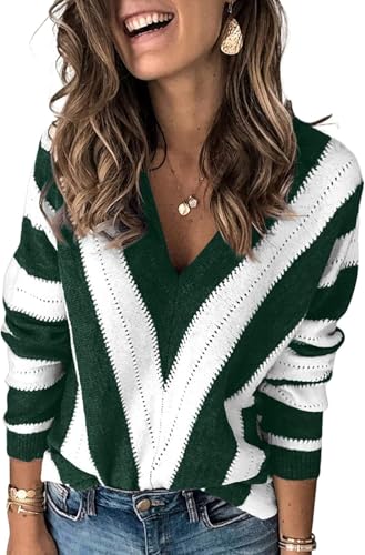 QIXING Pullover Damen V-Ausschnitt Langarm Strickpullover Damen V-Form Gestreiftes Pulli Damen (Dunkelgrün-WeißXXL) von QIXING