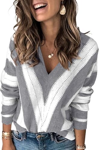 QIXING Pullover Damen V-Ausschnitt Langarm Strickpullover Damen V-Form Gestreiftes Pulli Damen (Grau-WeißXXL) von QIXING