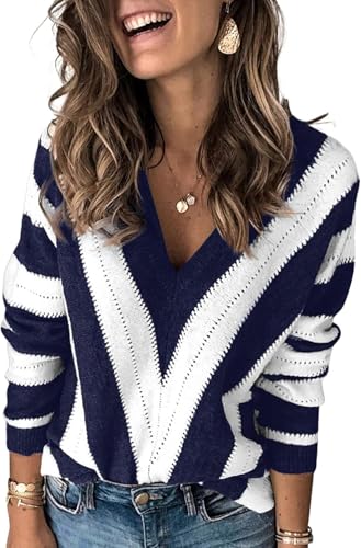 QIXING Damen Pullover V-Ausschnitt Langarm Strickpullover V-Form Gestreift (Marineblau-Weiß XXL) von QIXING