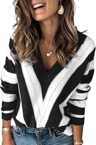 QIXING Pullover Damen V-Ausschnitt Langarm Strickpullover Damen V-Form Gestreiftes Pulli Damen (Schwarz-WeißL) von QIXING