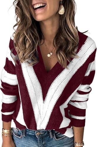 QIXING Pullover Damen V-Ausschnitt Langarm Strickpullover Damen V-Form Gestreiftes Pulli Damen (Weinrot-WeißS) von QIXING
