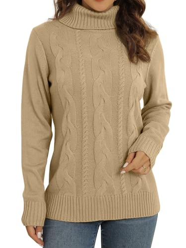 QIXING Pullover Damen Winter Kabel Stricken Pulli Largarm Rollkragenpullover Strickpullover Damen Knit Zopfstrick Sweater(Beige, L) von QIXING