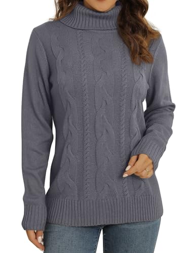 QIXING Pullover Damen Winter Kabel Stricken Pulli Largarm Rollkragenpullover Strickpullover Damen Knit Zopfstrick Sweater(Dunkelgrau, XL) von QIXING
