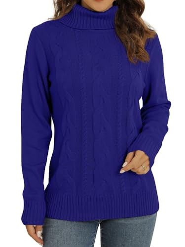QIXING Pullover Damen Winter Kabel Stricken Pulli Largarm Rollkragenpullover Strickpullover Damen Knit Zopfstrick Sweater(Königsblau, XXL) von QIXING