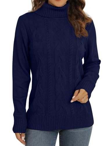 QIXING Pullover Damen Winter Kabel Stricken Pulli Largarm Rollkragenpullover Strickpullover Damen Knit Zopfstrick Sweater(Marineblau, XXL) von QIXING