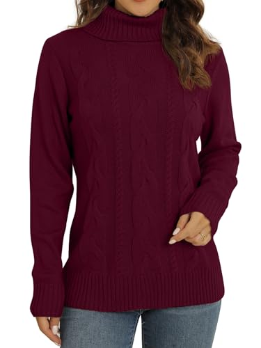 QIXING Pullover Damen Winter Kabel Stricken Pulli Largarm Rollkragenpullover Strickpullover Damen Knit Zopfstrick Sweater(Weinrot, XXL) von QIXING