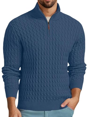 QIXING Pullover Herren Troyer mit Zopfmuster Weicher Freizeit-Strickpullover mit 1/4-Reißverschluss und gerippten Kanten Winterpullover Herren(Blau, L) von QIXING