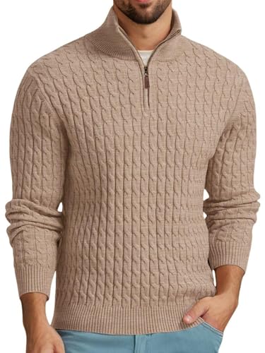 QIXING Pullover Herren Troyer mit Zopfmuster Weicher Freizeit-Strickpullover mit 1/4-Reißverschluss und gerippten Kanten Winterpullover Herren(Khaki, S) von QIXING