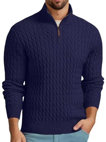 QIXING Pullover Herren Troyer mit Zopfmuster Weicher Freizeit-Strickpullover mit 1/4-Reißverschluss und gerippten Kanten Winterpullover Herren(Marineblau, L) von QIXING